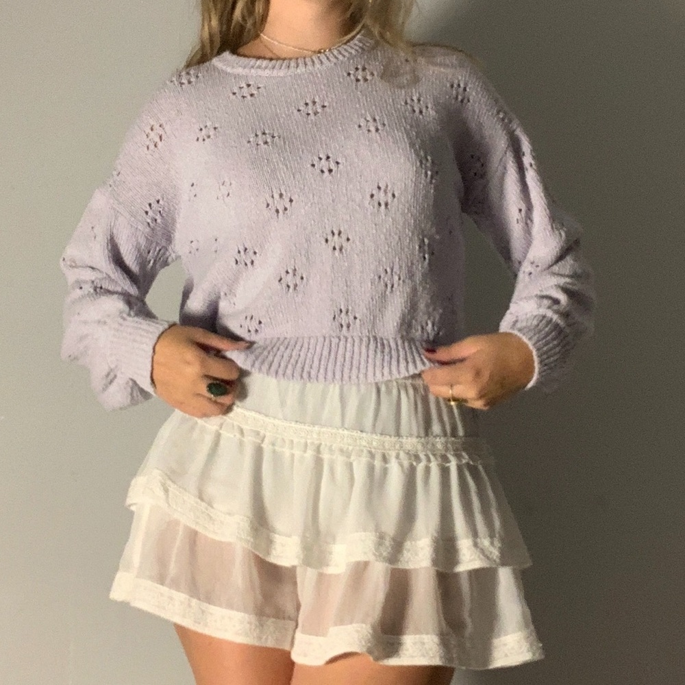 Purple floral-knit crew neck sweater